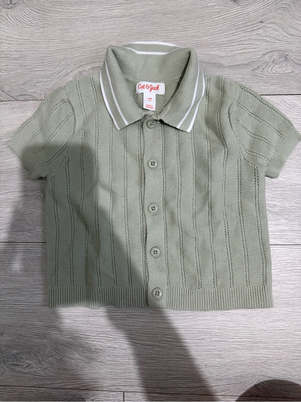 Cat & Jack Sage Green Knit Polo Cardigan with White Trim